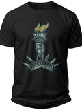 Men's Black Graphic T-Shirt, Stylized Torch Flame Design Tee, Casual Short Sleeve Cotton Top