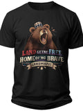 Men's Patriotic Roaring Bear T-Shirt Land of the Free Home of the Brave Graphic Tee Black Casual Short Sleeve Top