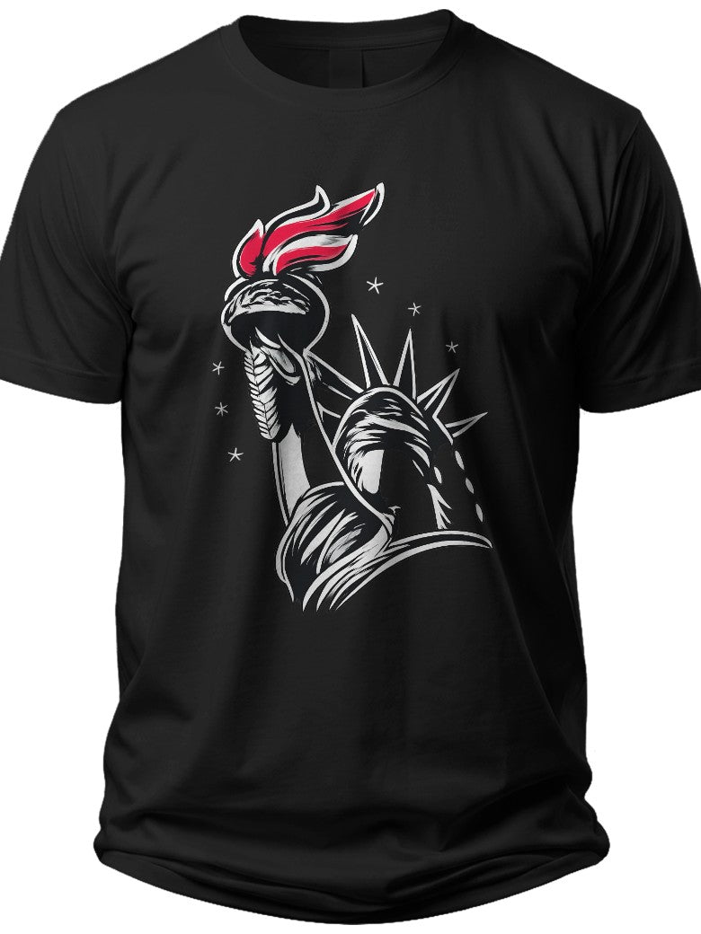 Unisex Black Graphic T-Shirt with Patriotic Torch Design Short Sleeve Crew Neck Casual Tee for Men Women