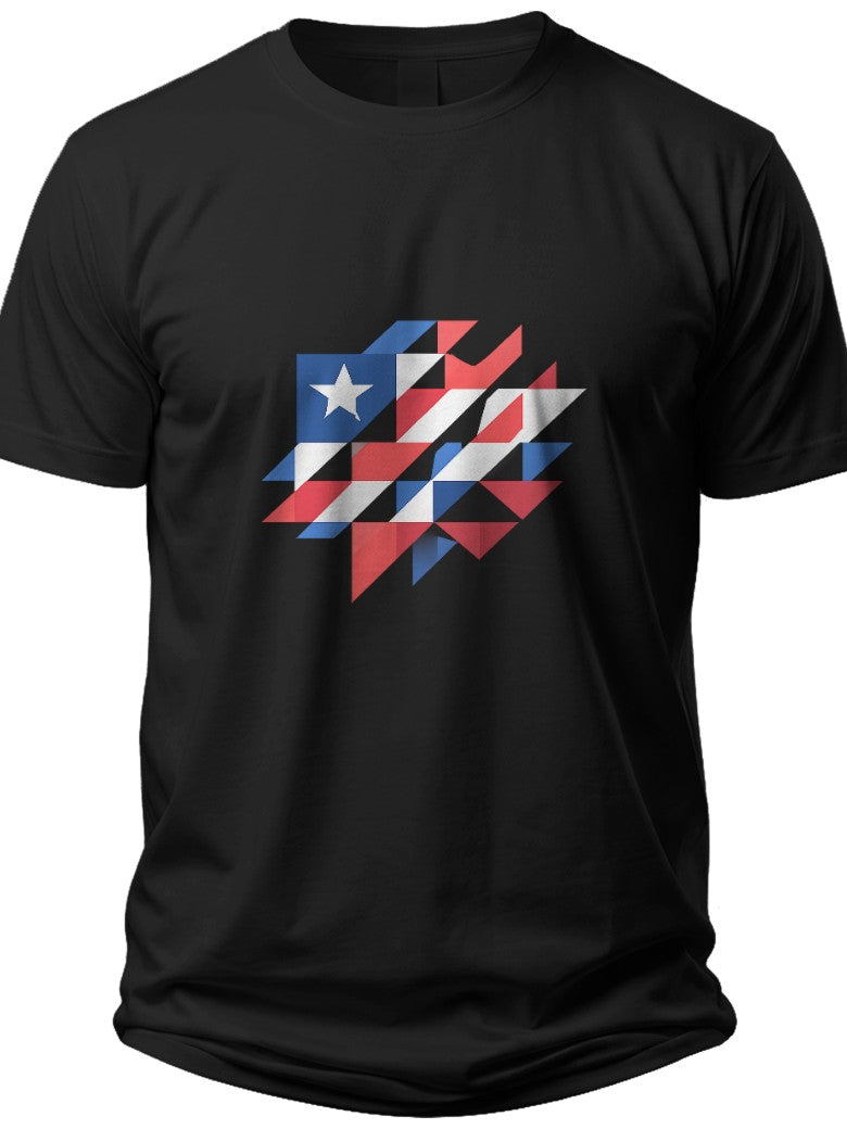 Unisex Black T-Shirt Short Sleeve, Geometric Red White Blue Abstract Graphic Tee, Casual Crew Neck Top