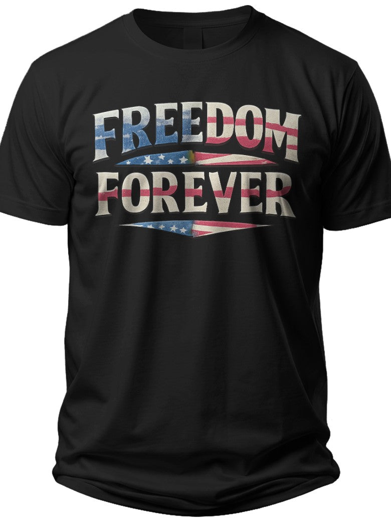 Men's Women's Black Graphic T-Shirt | Patriotic American Flag Freedom Forever Print | Casual Short Sleeve Tee Top
