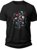 Unisex Black Graphic T-Shirt Short Sleeve with Red White Blue Floral Bouquet Print Crew Neck Casual Tee