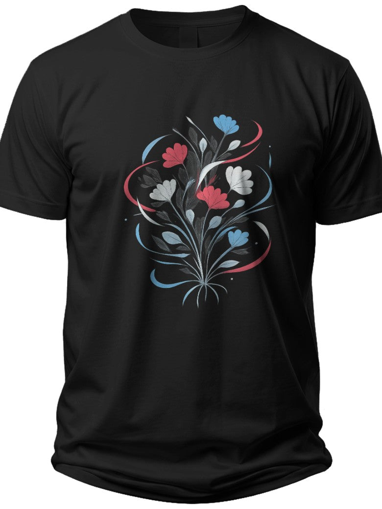 Unisex Black Graphic T-Shirt Short Sleeve with Red White Blue Floral Bouquet Print Crew Neck Casual Tee
