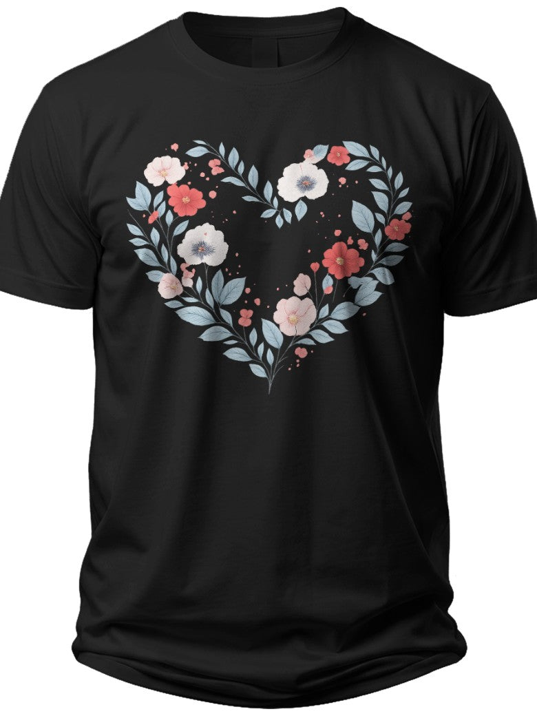 Black Floral Heart T-Shirt for Women Men, Love Flower Graphic Tee, Valentine's Day Gift Top, Short Sleeve Casual Shirt