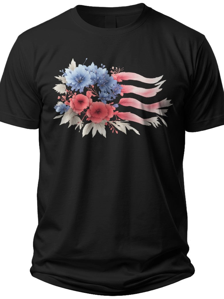 Black Floral Flag Graphic Tee Shirt for Men Women Patriotic 4th of July Independence Day Casual Wear