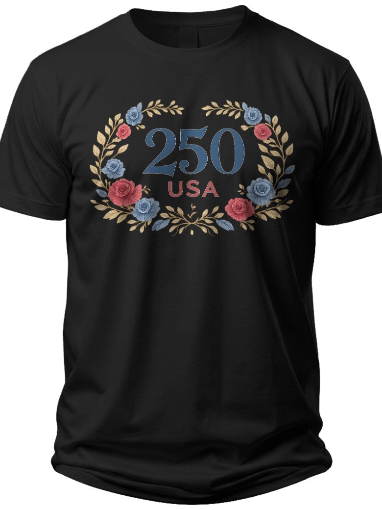 Black T-Shirt, Unisex Patriotic USA 250 Floral Wreath Graphic Tee, Short Sleeve Casual Top for Men Women