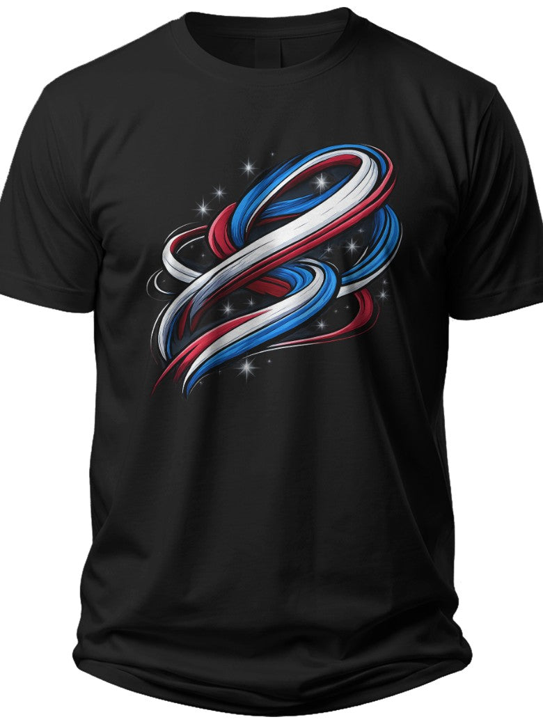 Black Graphic T-Shirt Men Women, Abstract Red White Blue Swirl Ribbon Print, Casual Short Sleeve Crew Neck Top