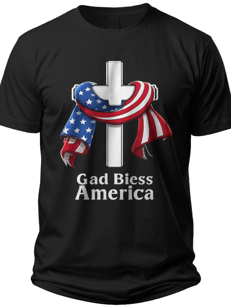 Black Patriotic American Flag Cross T-Shirt God Bless America Graphic Tee for Men Women Faith Casual Top