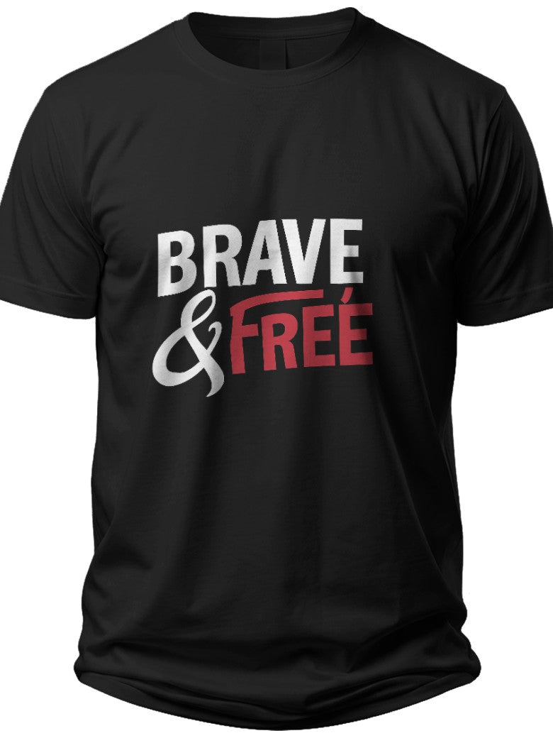 Black Graphic T-Shirt for Men Women - Short Sleeve Crew Neck Cotton Tee with "Brave & Free" Statement Print