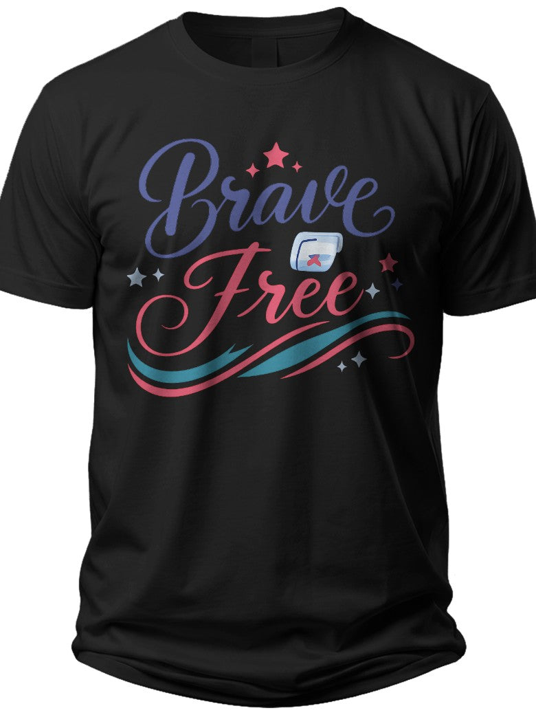 Unisex Black Brave Free Graphic T-Shirt Short Sleeve Crew Neck Cotton Tee with Stars Swirls Design Casual Wear