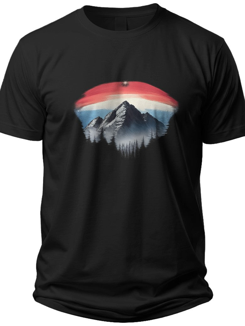 Unisex Black T-Shirt Mountain Forest Landscape Graphic Print Red Blue Sky Umbrella Design Casual Cotton Tee