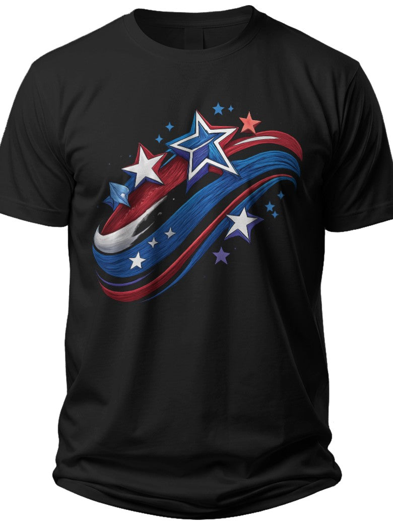 Men's Women's Unisex Black Graphic T-Shirt with Red White Blue Stars Wavy Stripe Print Casual Short Sleeve Tee Shirt