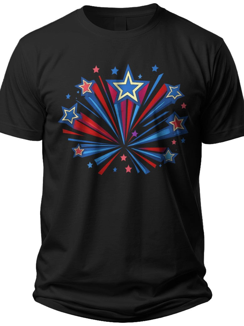 Unisex Black T-Shirt Short Sleeve with Red White Blue Starburst Graphic Print Casual Crew Neck Top
