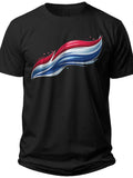 Unisex Black Short Sleeve T-Shirt with Vibrant Red White Blue Abstract Wave Graphic Print Casual Tee Top