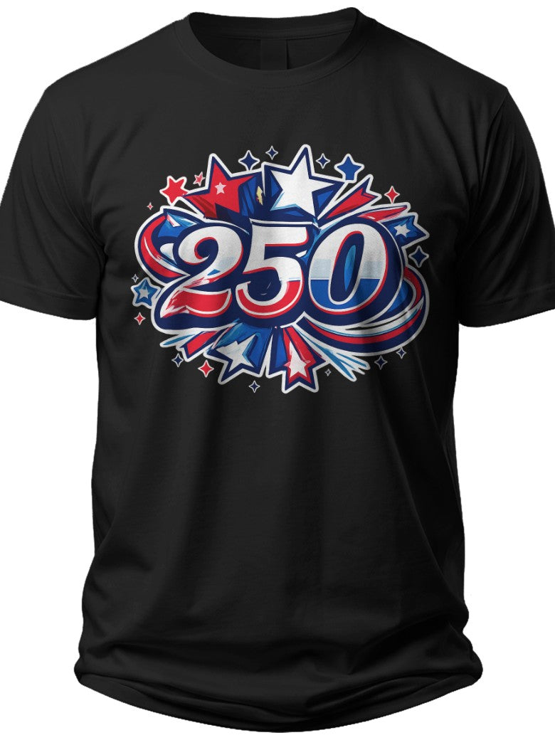 Unisex Black Graphic T-Shirt with 250 Stars and Stripes Inspired Print Casual Short Sleeve Tee for Men Women