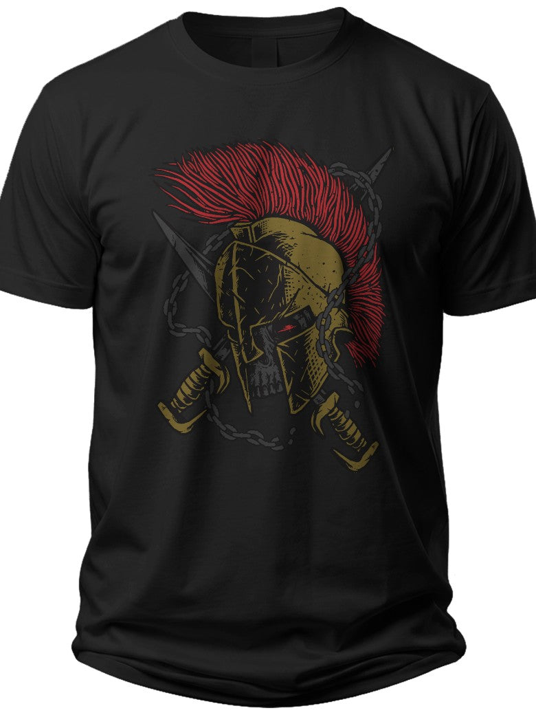 Men's Black Spartan Warrior Helmet Graphic T-Shirt, Red Plume, Crossed Swords, Cool Casual Tee Top