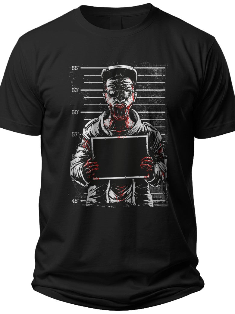 Men's Black Graphic T-Shirt, Urban Streetwear Style, Mysterious Masked Figure Mugshot Design, Cool Short Sleeve Crewneck Tee