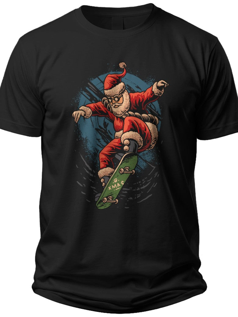 Black Unisex Christmas Skateboard Santa T-Shirt Funny Holiday Graphic Tee Short Sleeve Novelty Top
