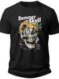 Unisex Black Summer Skull Graphic T-Shirt Palm Tree Sunset Beach Vacation Tee for Men Women Casual Style