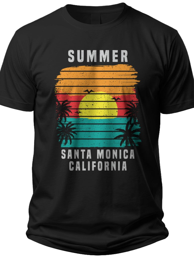 Men's Black Summer Sunset Palm Tree Beach Graphic T-Shirt Vintage Santa Monica California Vacation Tee