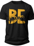 Unisex Black Graphic T-Shirt with Bold Yellow 'BE' Statement Print Casual Short Sleeve Crew Neck Tee Top