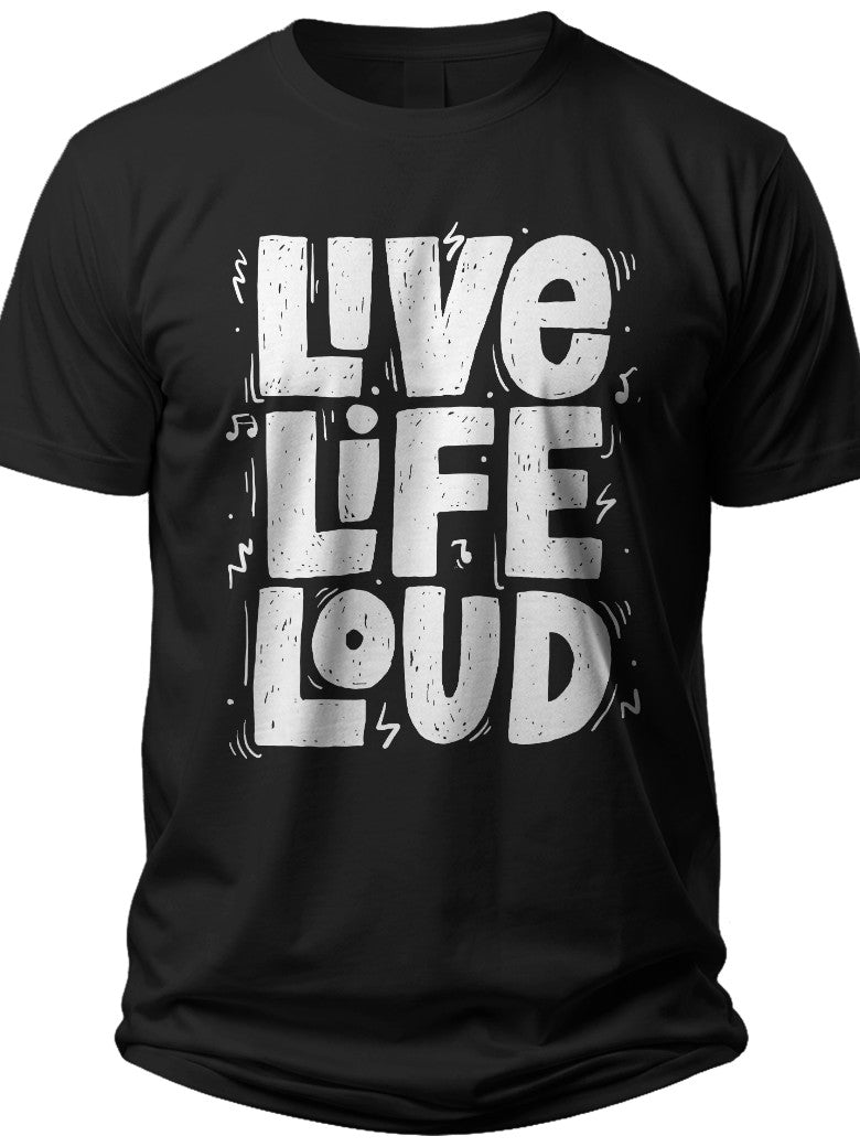 Black Graphic Tee Shirt for Men Women - Live Life Loud Music Notes Print Short Sleeve Casual Top