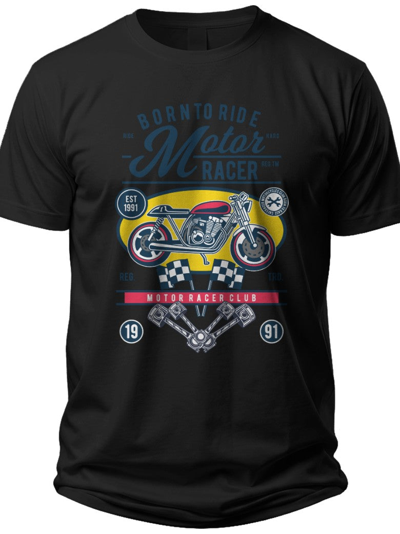 Men's Black Vintage Motor Racer T-Shirt - Old School Classic Car & Motorcycle Graphic Tee Gift