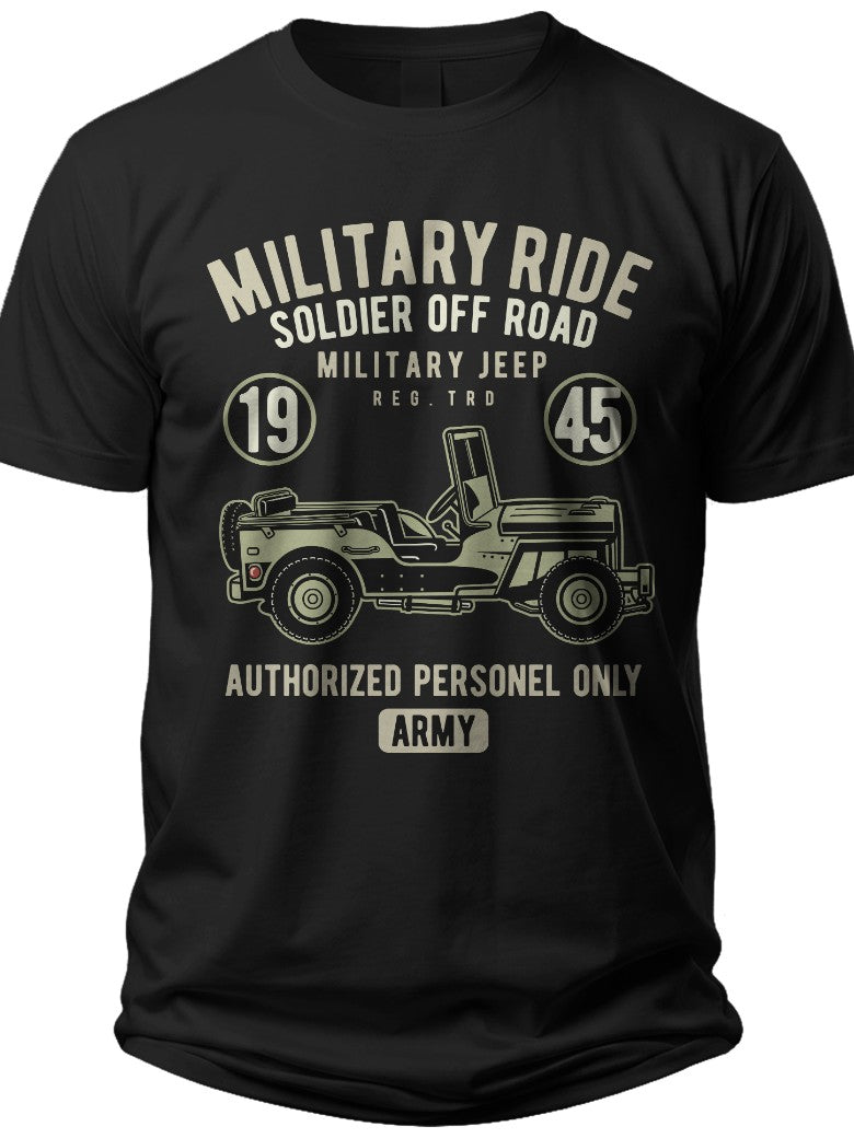 Men's Black Vintage Military Jeep T-Shirt, Army Off Road Graphic Tee, Casual Cotton Apparel for Military Enthusiasts