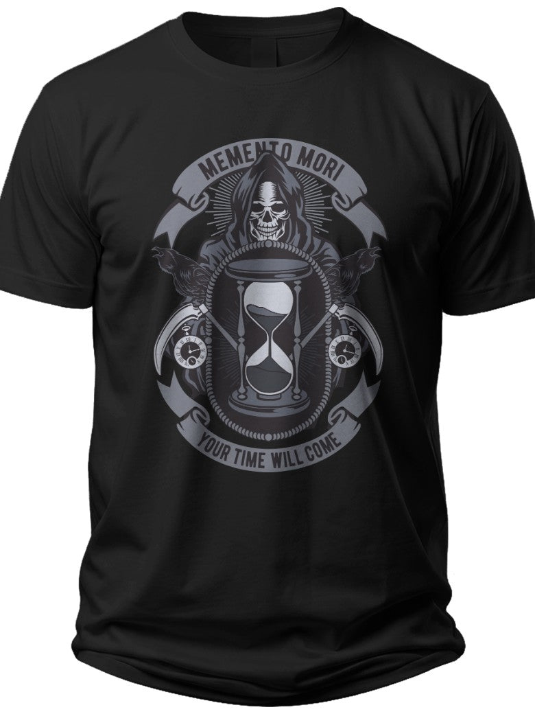 Men's Black Memento Mori Skull Hourglass Graphic T-Shirt Dark Gothic Style Short Sleeve Tee