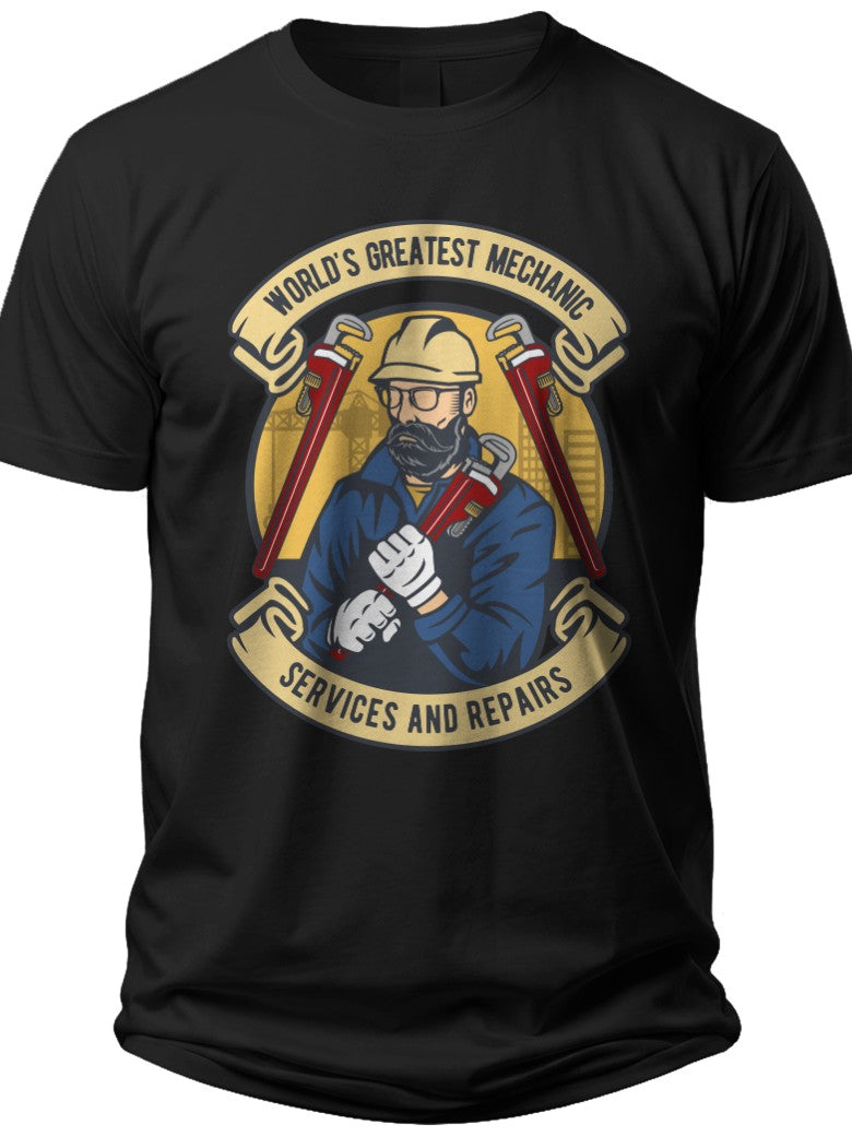 Men's Black World's Greatest Mechanic T-Shirt Funny Services & Repairs Auto Worker Graphic Tee Gift