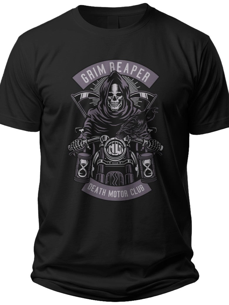 Men's Black Grim Reaper Biker Motorcycle T-Shirt - Skull & Death Motor Club Graphic Tee