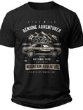 Men's Vintage Mountain Adventure T-Shirt Black Graphic Tee with Car & Motorcycle Print Outdoor Enthusiast Gift