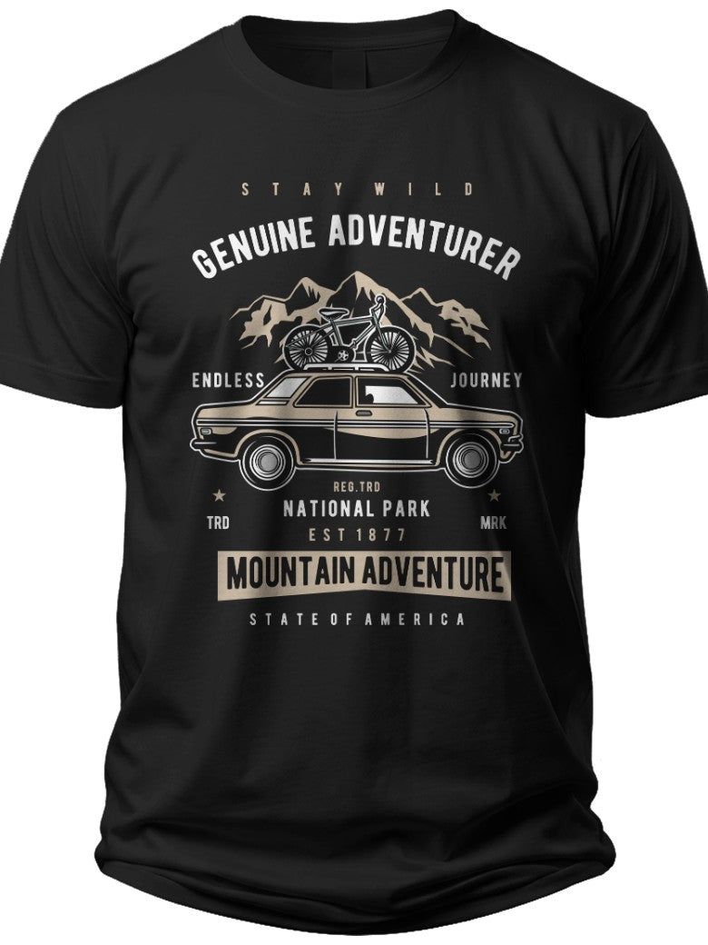 Men's Vintage Mountain Adventure T-Shirt Black Graphic Tee with Car & Motorcycle Print Outdoor Enthusiast Gift