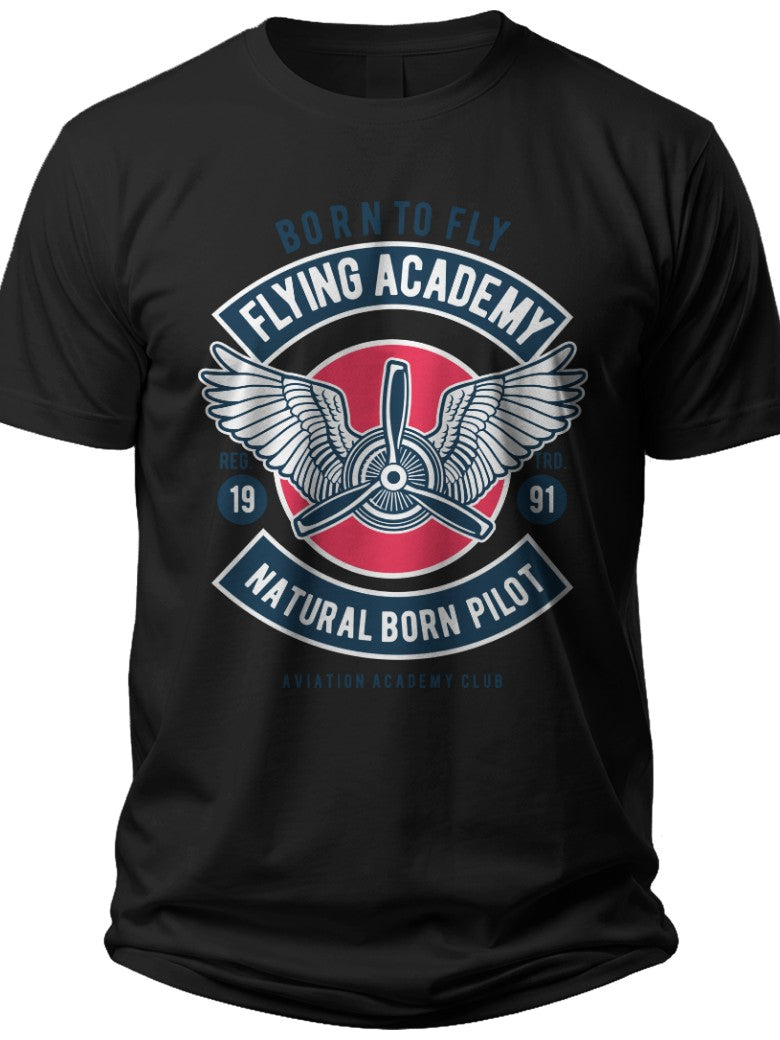 Men's Flying Academy Pilot T-Shirt Natural Born Pilot Aviation Graphic Tee Black Casual Vintage Gift