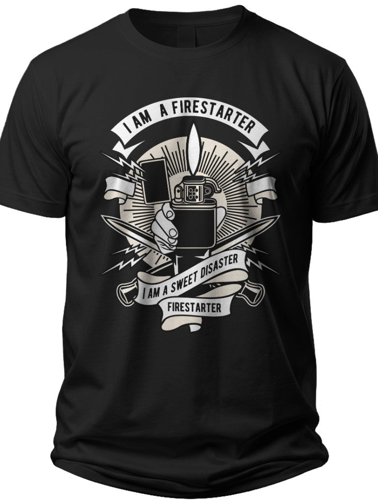 Men's Black Graphic T-Shirt 'I Am A Firestarter Sweet Disaster' Print Casual Short Sleeve Tee Top for Guys
