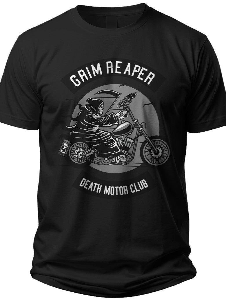 Men's Black Grim Reaper Motorcycle Rider Graphic T-Shirt Death Motor Club Tee Cool Biker Themed Novelty Top