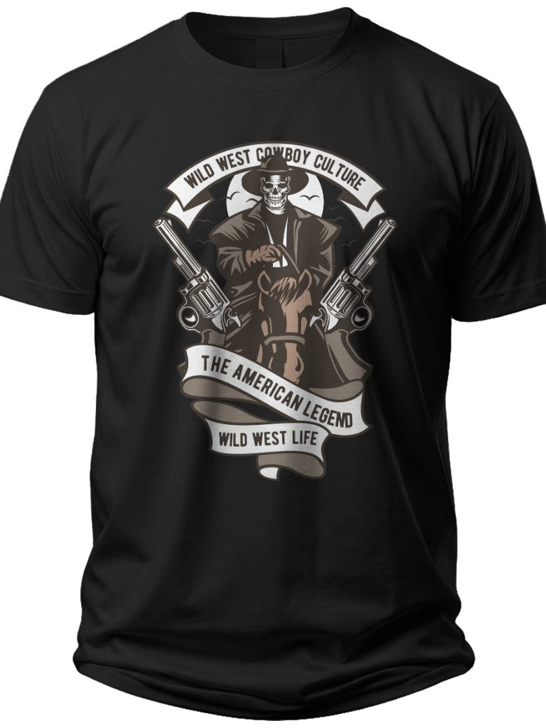 Men's Black Wild West Cowboy Skeleton Graphic T-Shirt American Legend Gunslinger Vintage Casual