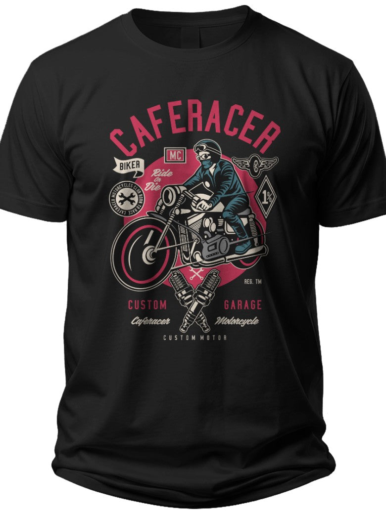 Men's Black Cafe Racer Motorcycle T-Shirt Vintage Graphic Biker Tee Short Sleeve Casual Top