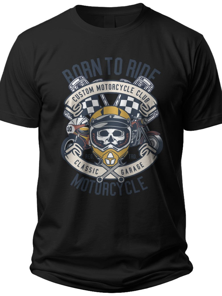 Men's Black Biker Motorcycle T-Shirt Skull Helmet Graphic Tee Born to Ride Motorbike Enthusiast Gift
