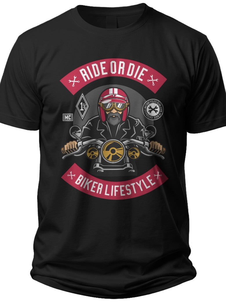Men's Black Biker Graphic T-Shirt - Ride or Die Motorcycle Lifestyle Short Sleeve Tee Top for Enthusiasts