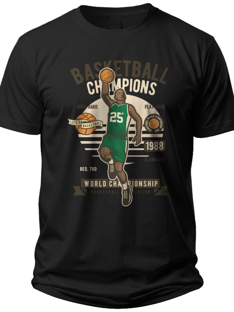 Men's Basketball Champions Graphic T-Shirt Black Short Sleeve Sports Fan Retro Dunk Player Tee Top