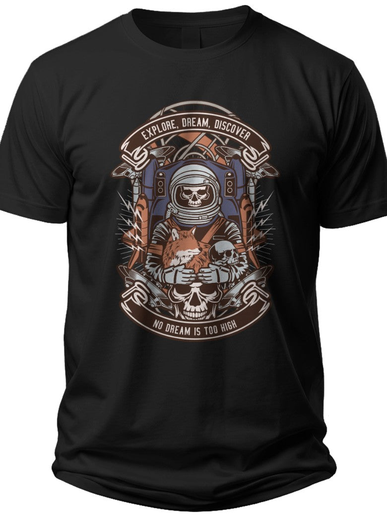 Men's Black Graphic T-Shirt Space Explorer Skeleton Astronaut Skull Print Casual Crew Neck Tee