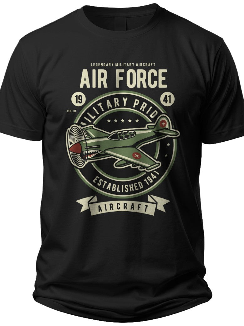 Men's Black Vintage Military Aviation T-Shirt - Fighter Plane Graphic Tee for Aircraft Enthusiasts, Casual Gift