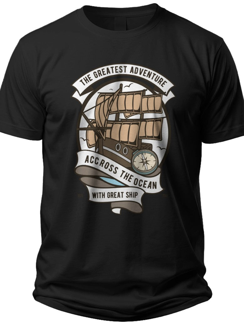 Men's Black Sailing Ship T-Shirt Vintage Ocean Adventure Compass Graphic Tee Casual Nautical Design
