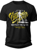 Men's Black Surfer Graphic T-Shirt California Respect The Wave Print Tee Unisex Short Sleeve Casual Summer Top
