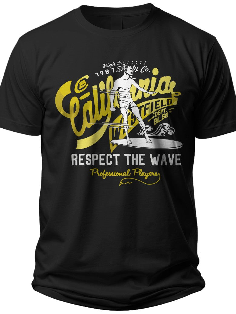 Men's Black Surfer Graphic T-Shirt California Respect The Wave Print Tee Unisex Short Sleeve Casual Summer Top