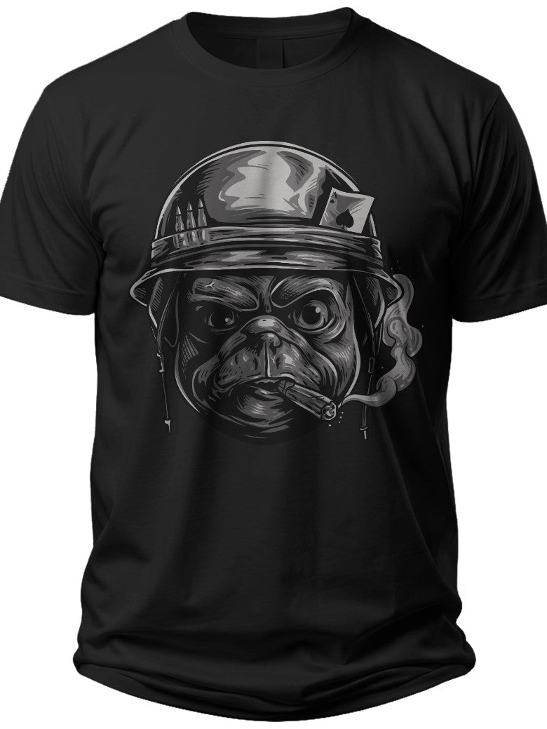 Men's Black Graphic T-Shirt Funny Pug Dog with Military Helmet Cigar & Playing Cards Print Casual Tee
