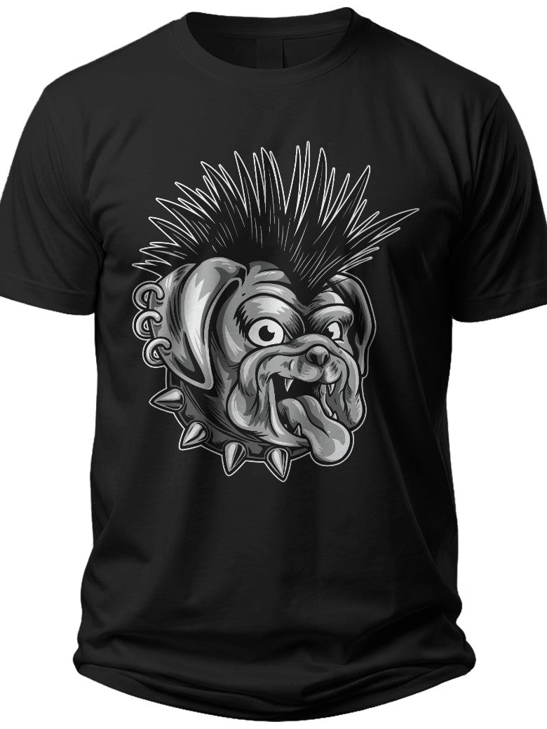 Men's Women's Punk Bulldog Graphic T-Shirt Funny Rock Dog Mohawk Spiked Collar Short Sleeve Casual Tee Black