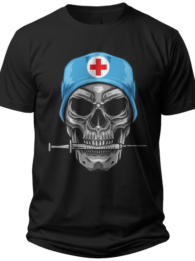Unisex Medical Skull Nurse Cap Syringe Graphic T-Shirt Funny Healthcare Worker Doctor Tee Gift