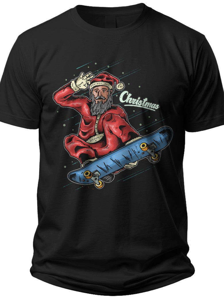 Men's Christmas Santa Claus Skateboard Graphic T-Shirt Funny Holiday Xmas Skate Tee Top Black